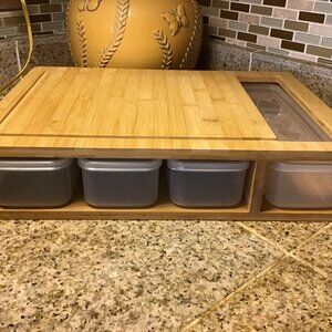 EZ Chopzing Bamboo cutting board with lidded storage containers w/cut out handle
